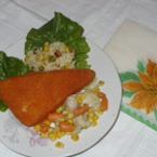 Паниран кашкавал с ориз и зеленчуци